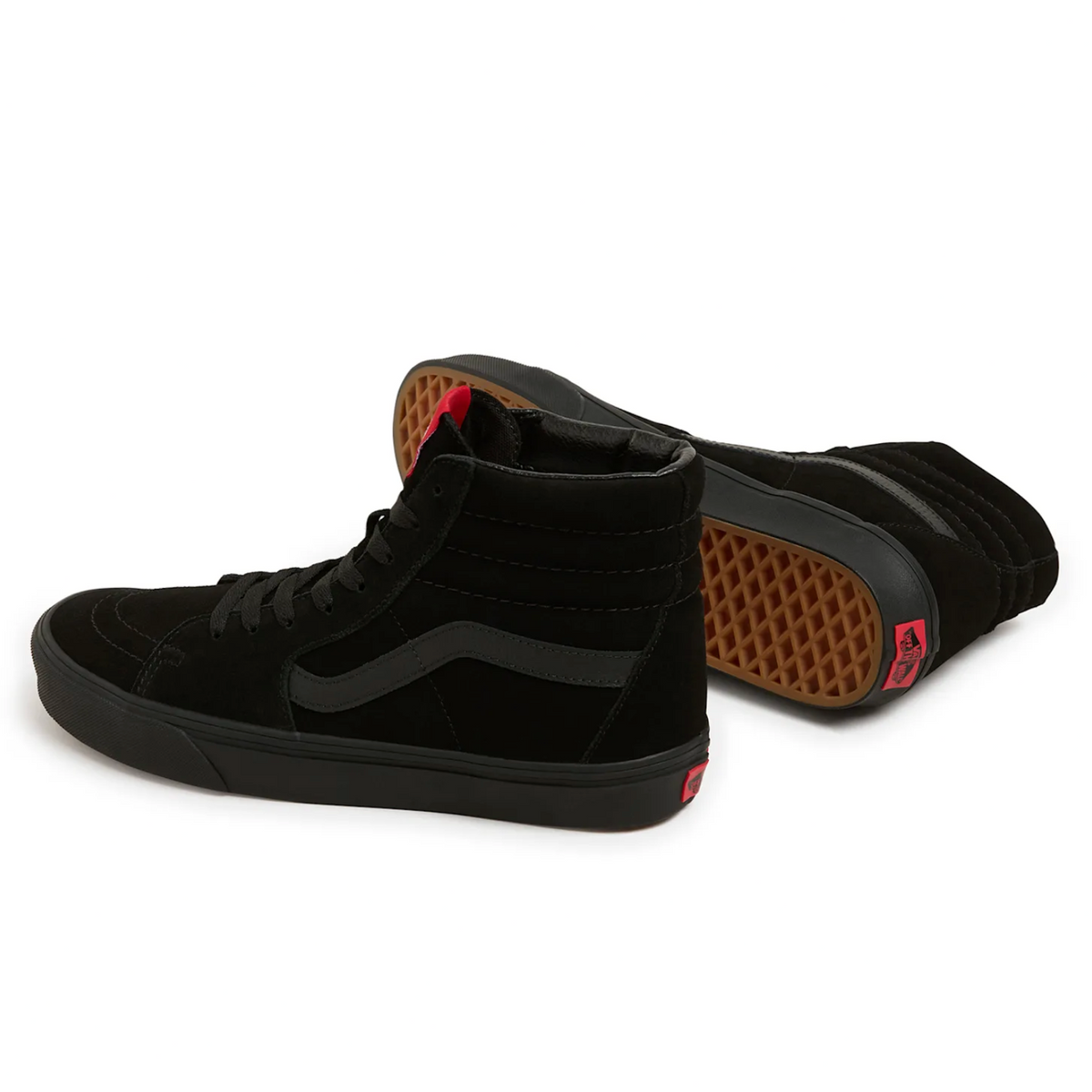A pair of black high-top skate shoes, including one shoe from the side showing the black side stripe and laces, and the other shoe from the sole showing the brown Vans waffle outsole and red heel tab, on a white background.