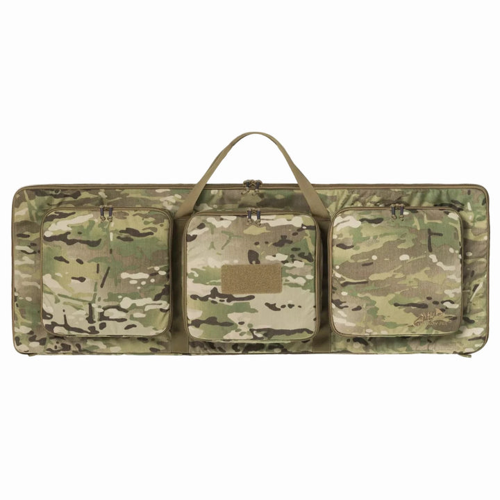 Camouflage-patterned carrying case with a handle on a white background