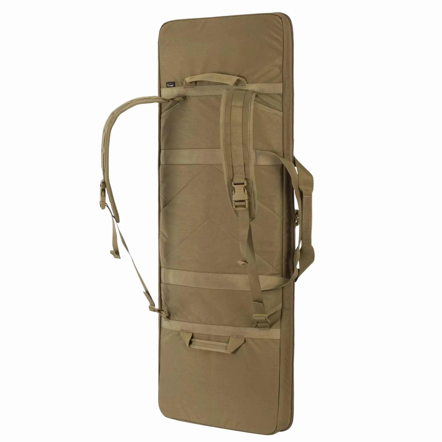 Tan tactical gun bag with straps on a white background