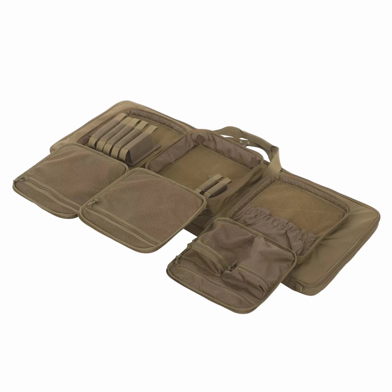 Brown tactical pouch with multiple compartments on a white background