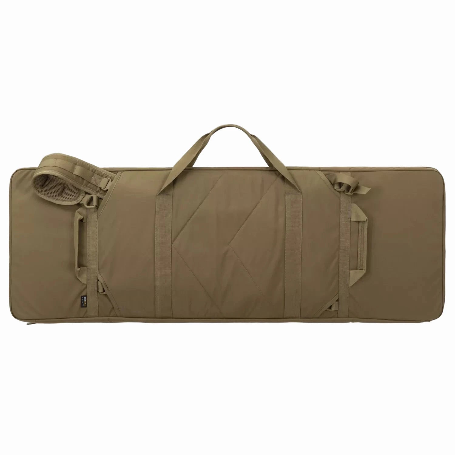Tan rifle case with shoulder strap on a white background