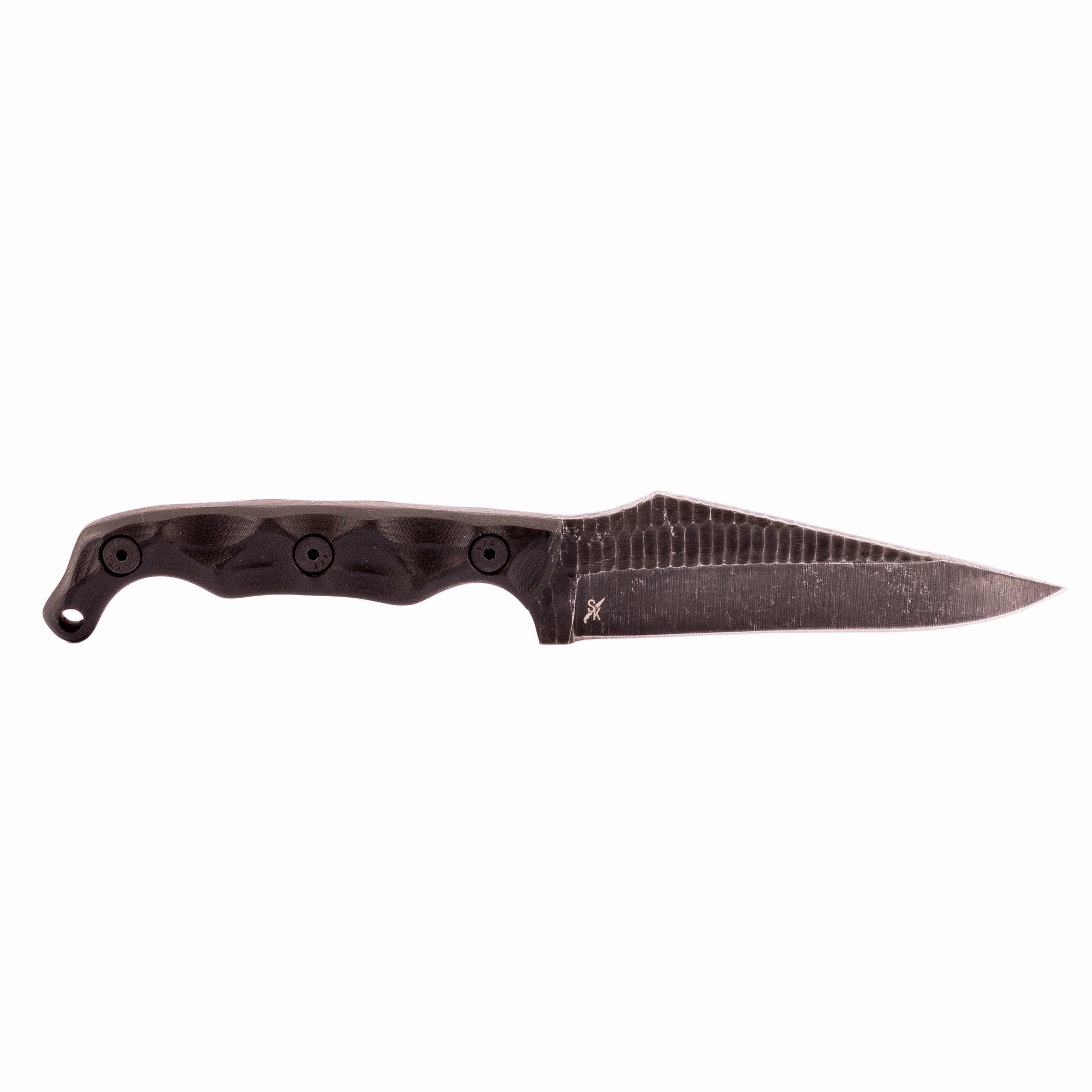 Black knife with a textured blade on a white background