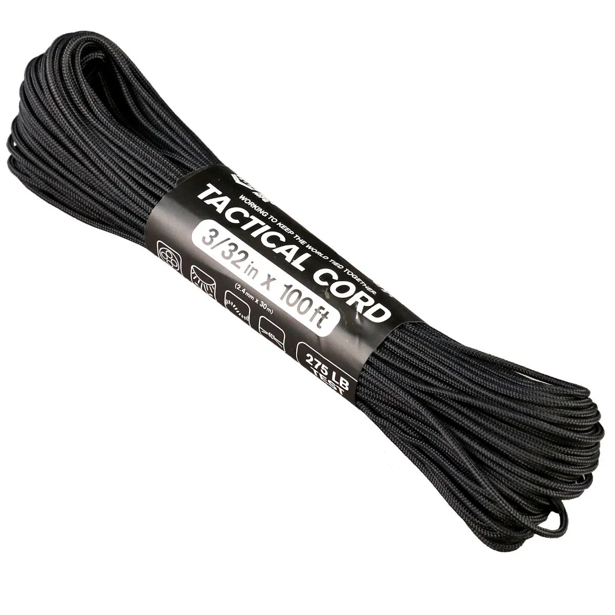 Black tactical cord with label on a white background