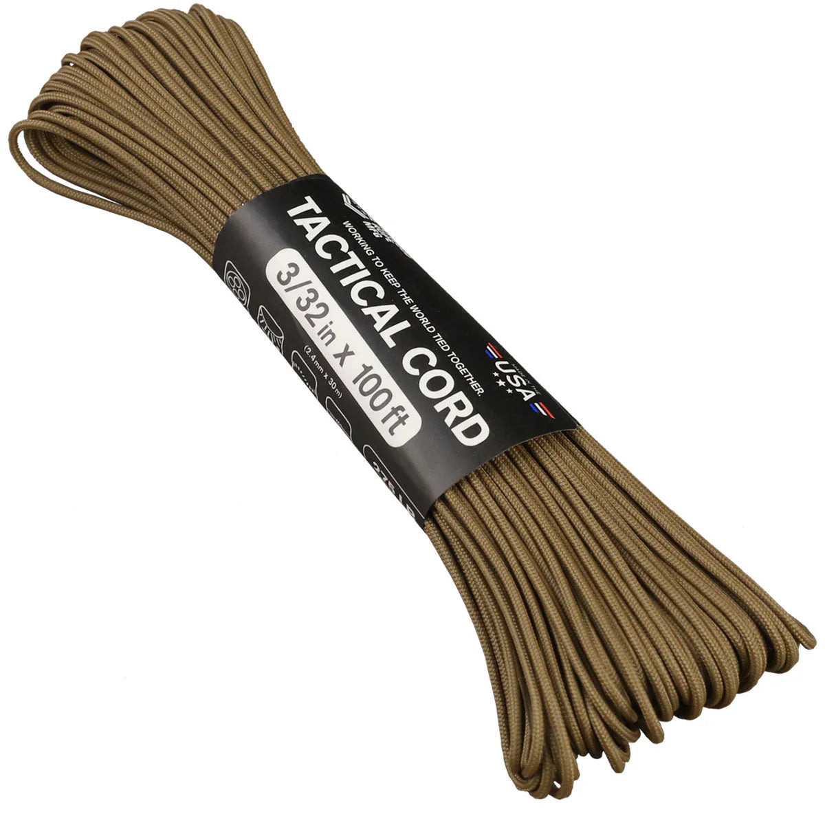 Brown tactical cord with a label on a white background