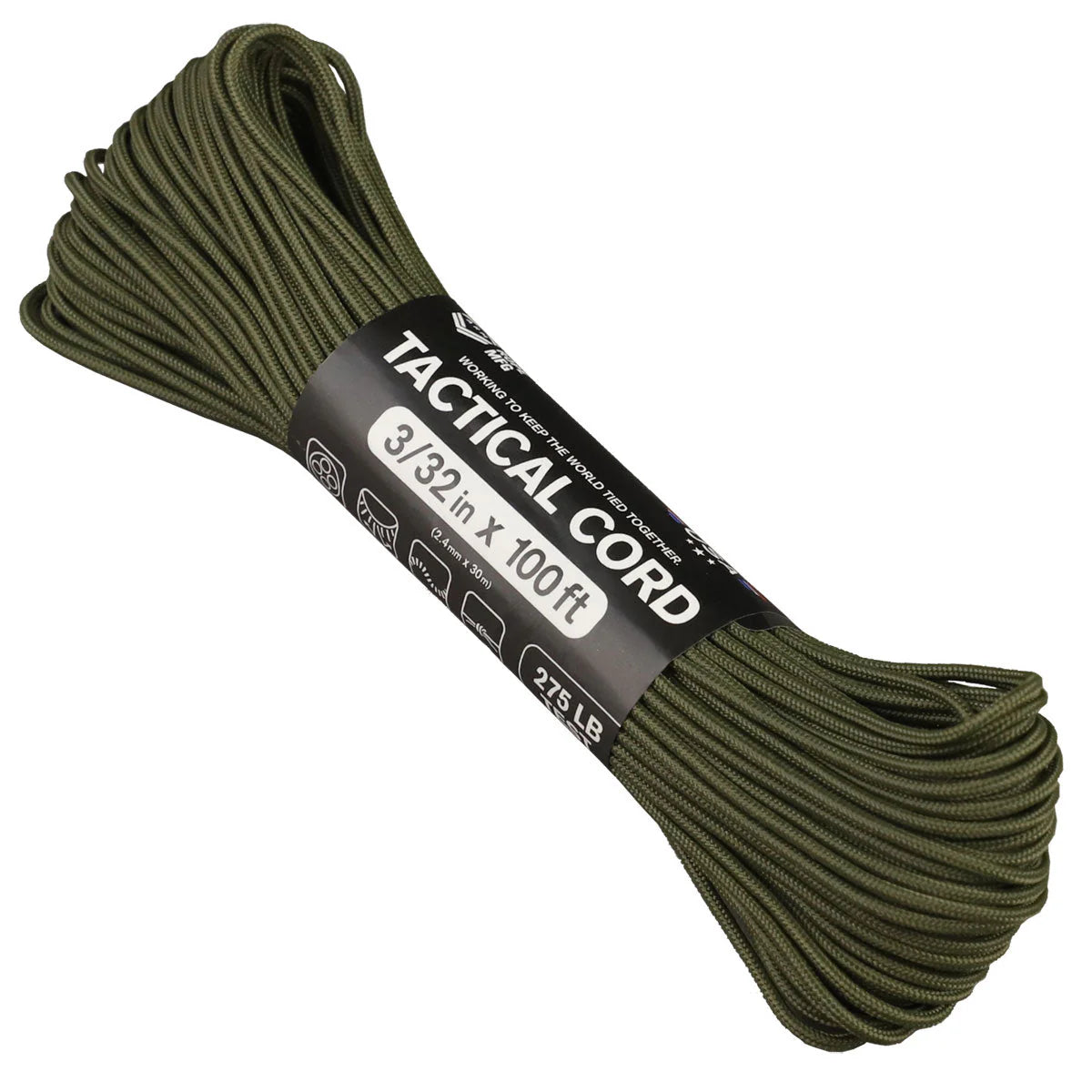 Olive green tactical cord with a label on a white background