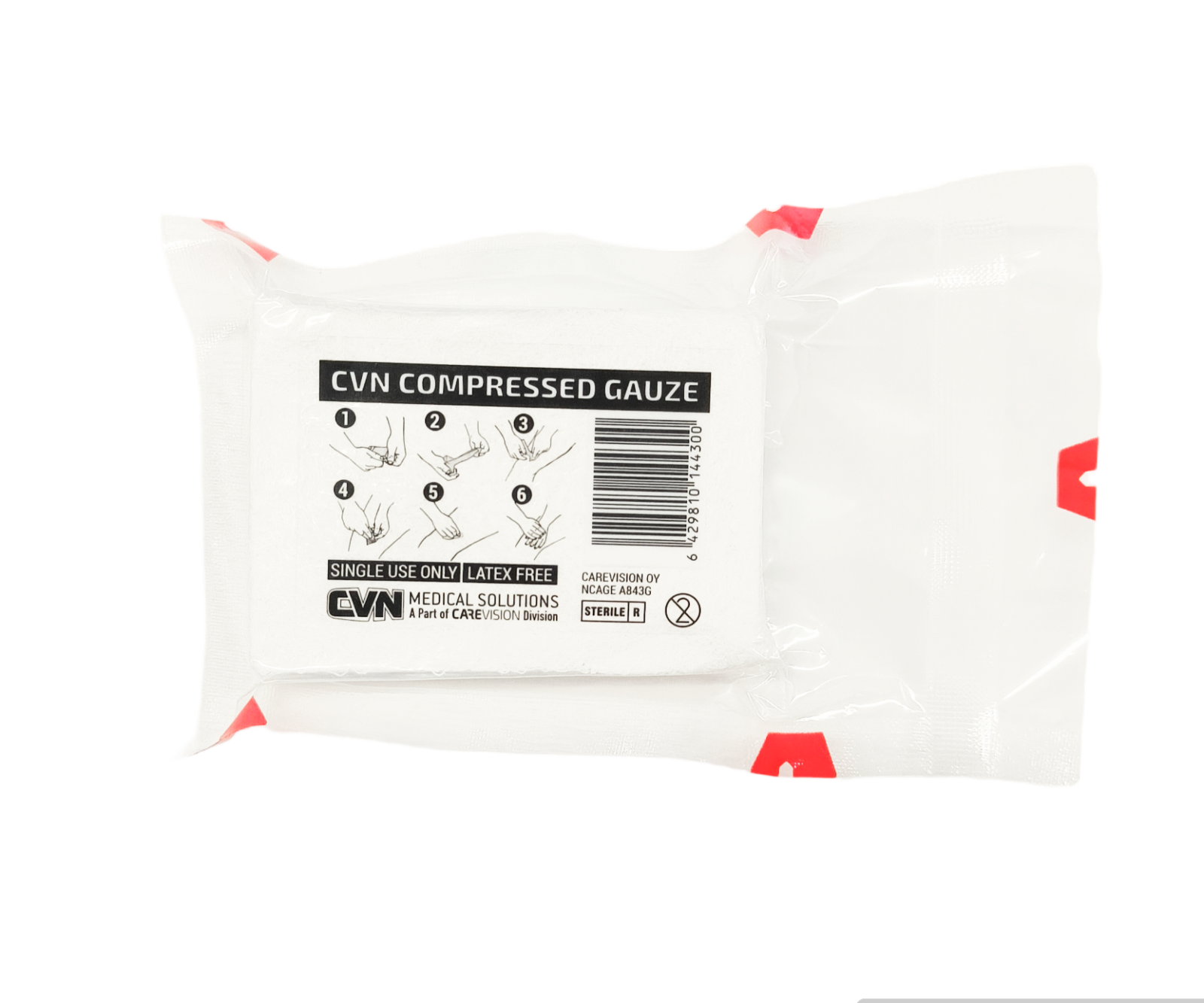 Packaged CVN Compressed Gauze with label on a white background