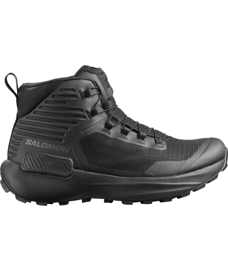Black Salomon hiking boot on a transparent background