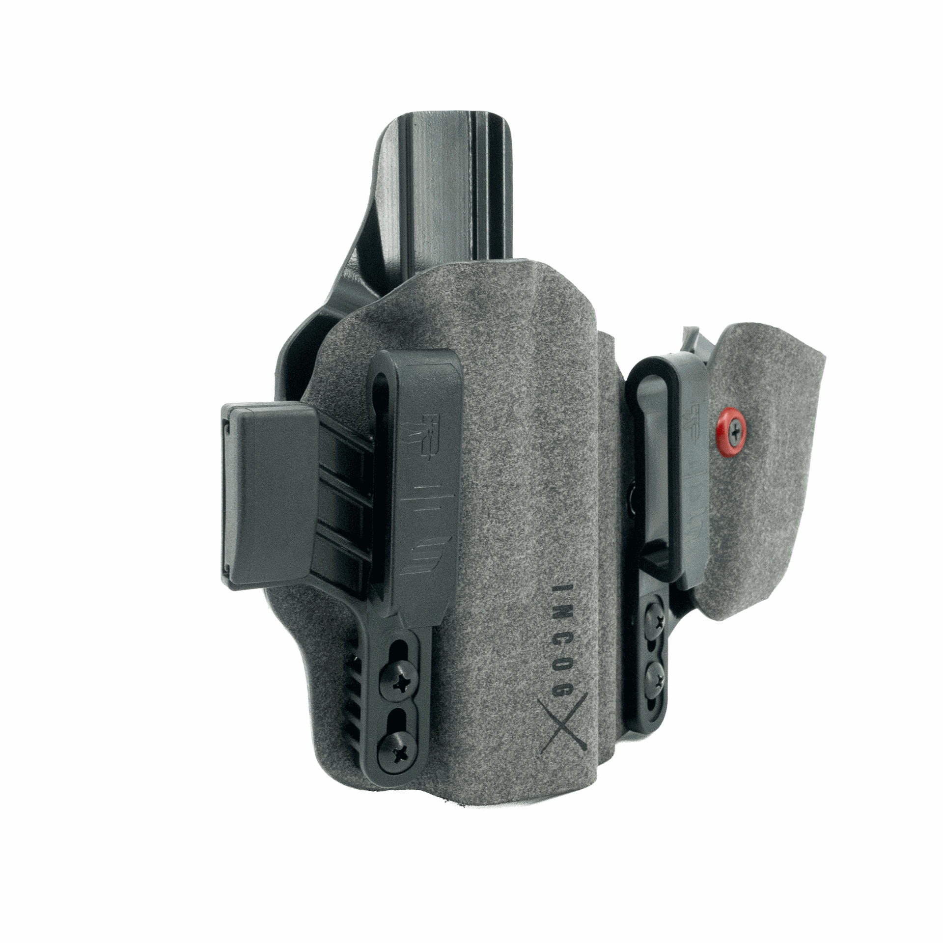 Gray holster with a red accent on a white background