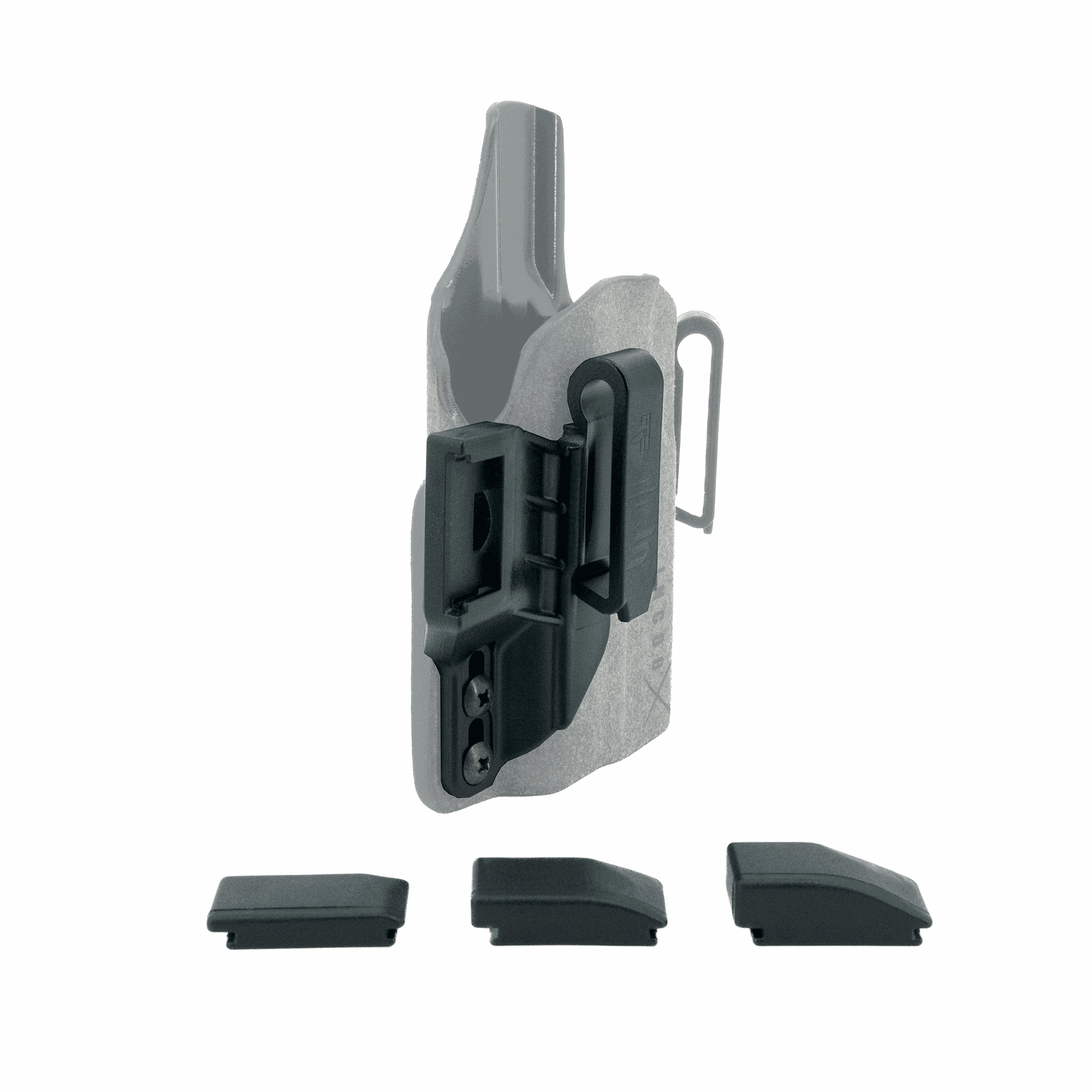 Black and gray plastic component with three additional parts on a white background