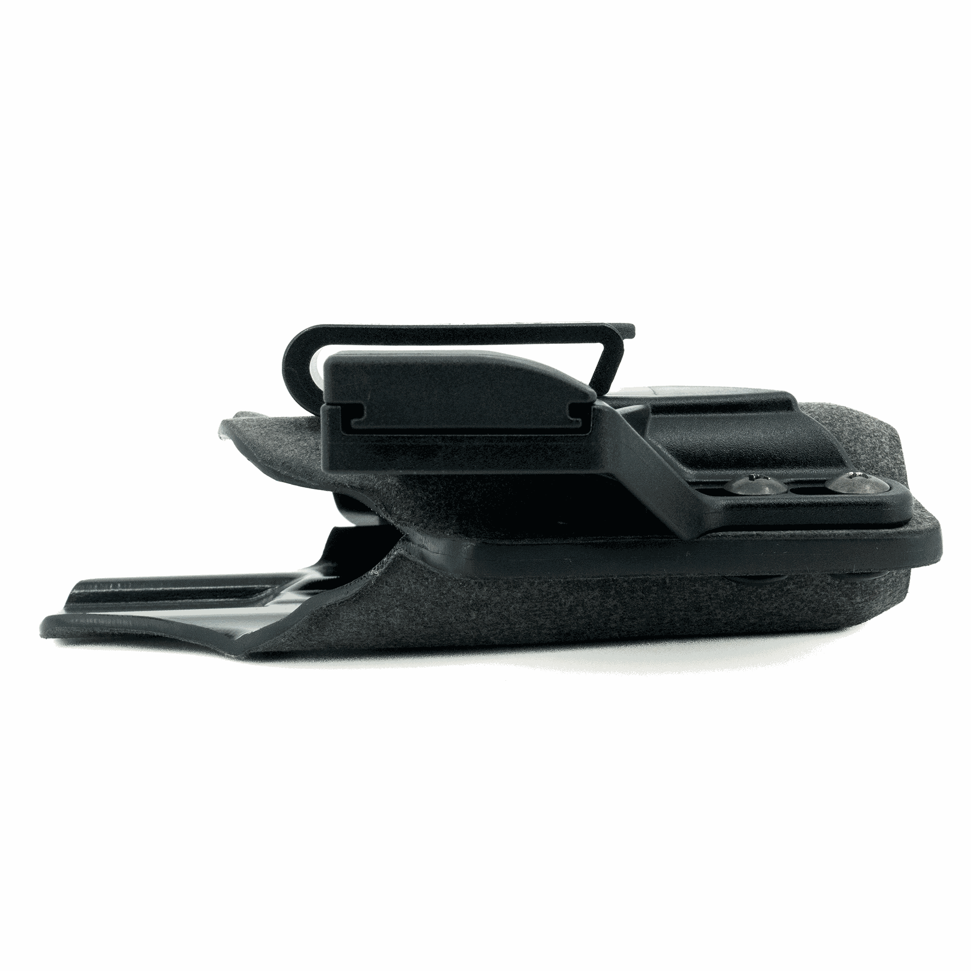 Black plastic component on a white background
