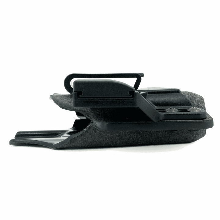 Black plastic component on a white background