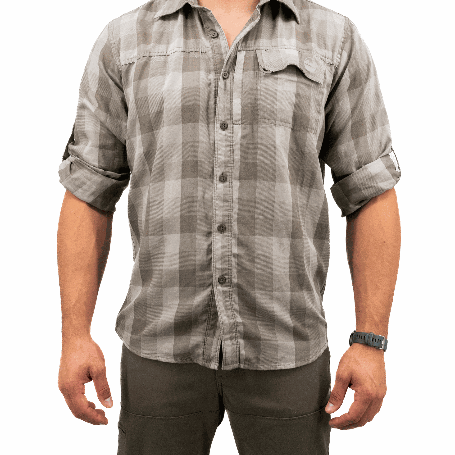 Person wearing a gray plaid shirt on a white background