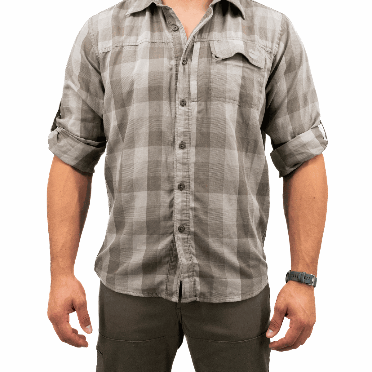 Person wearing a gray plaid shirt on a white background